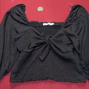 Lush Black Smocked Blouse with Front Tie